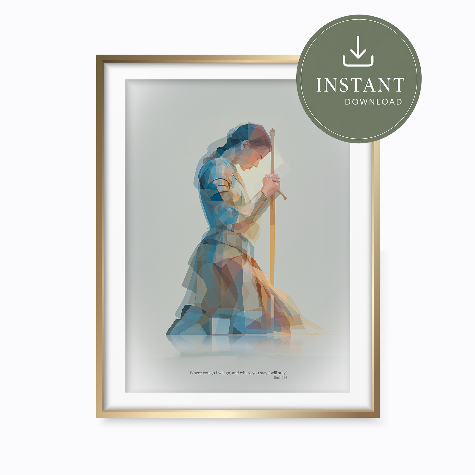 Framed wall art print showing a low-poly style illustration of a kneeling woman holding a staff, with a gold frame and a green circular 'INSTANT DOWNLOAD' badge overlaid in the top right.
