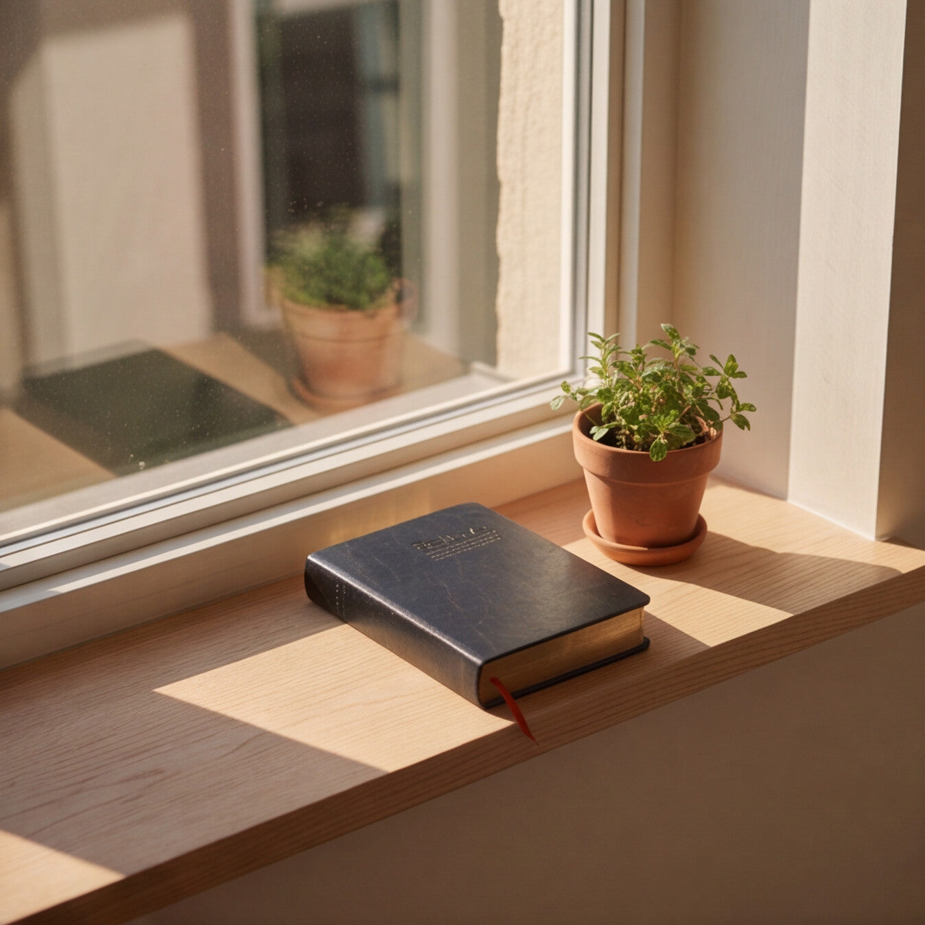 A dark leather-bound notebook with a red ribbon bookmark rests on a light wood windowsill next to a small potted green plant in a terracotta pot, with natural sunlight casting soft shadows.