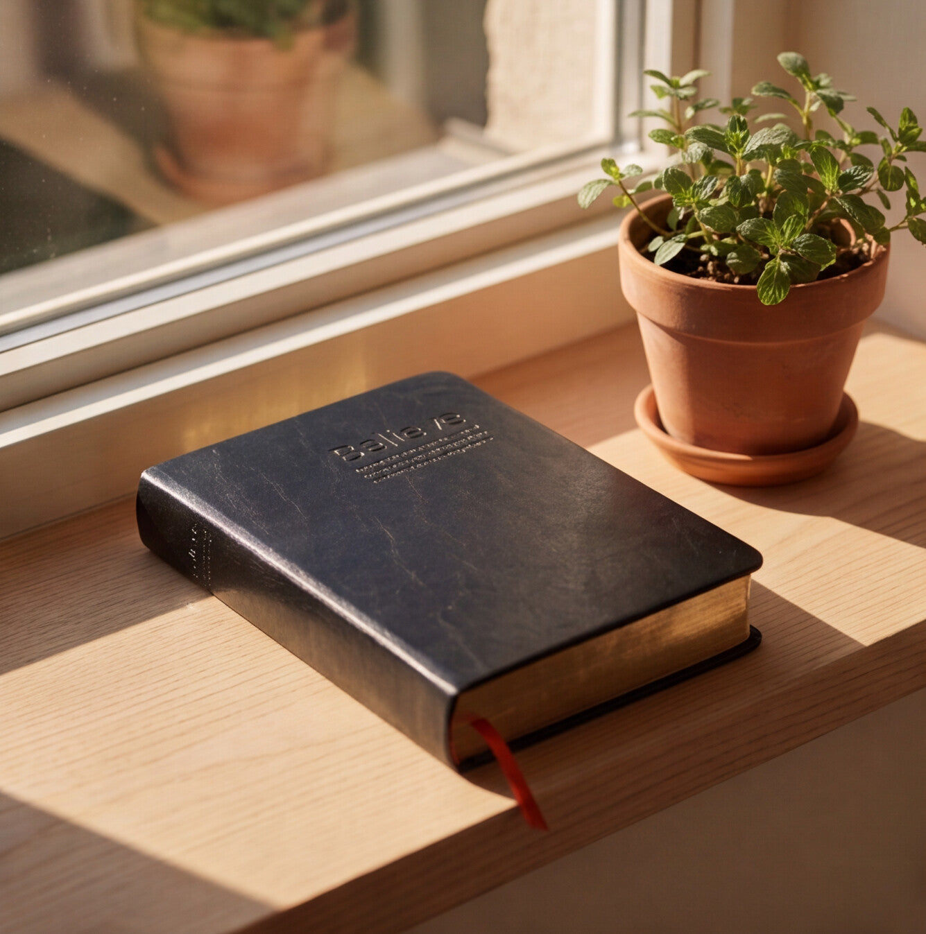 A black leather-bound book with embossed gold lettering on the cover sits on a sunlit wooden windowsill next to a small potted green plant in a terracotta pot.