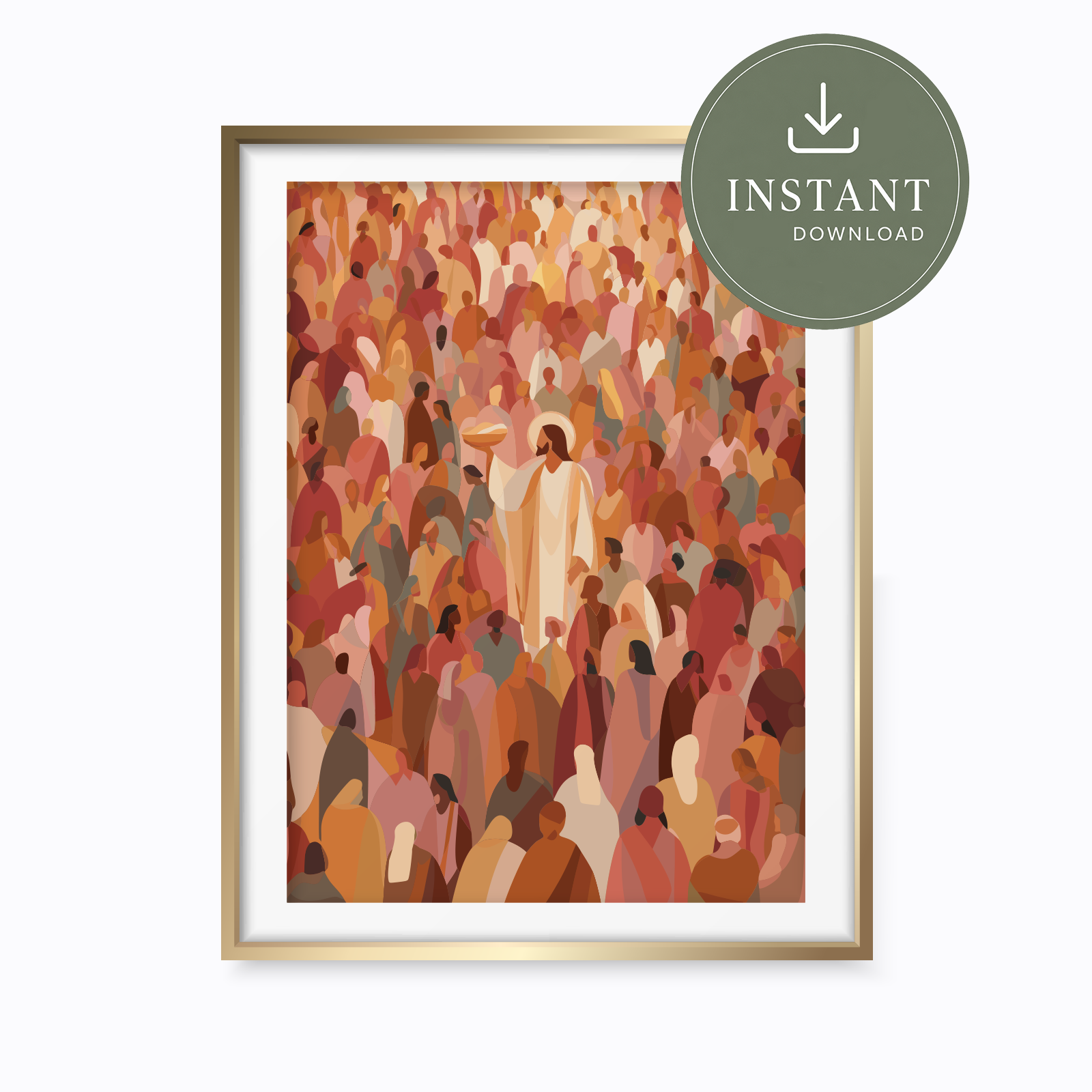 Framed art print featuring an abstract illustration of a crowd in warm earthy tones, shown in a gold frame on a white background with an 'INSTANT DOWNLOAD' badge overlay.