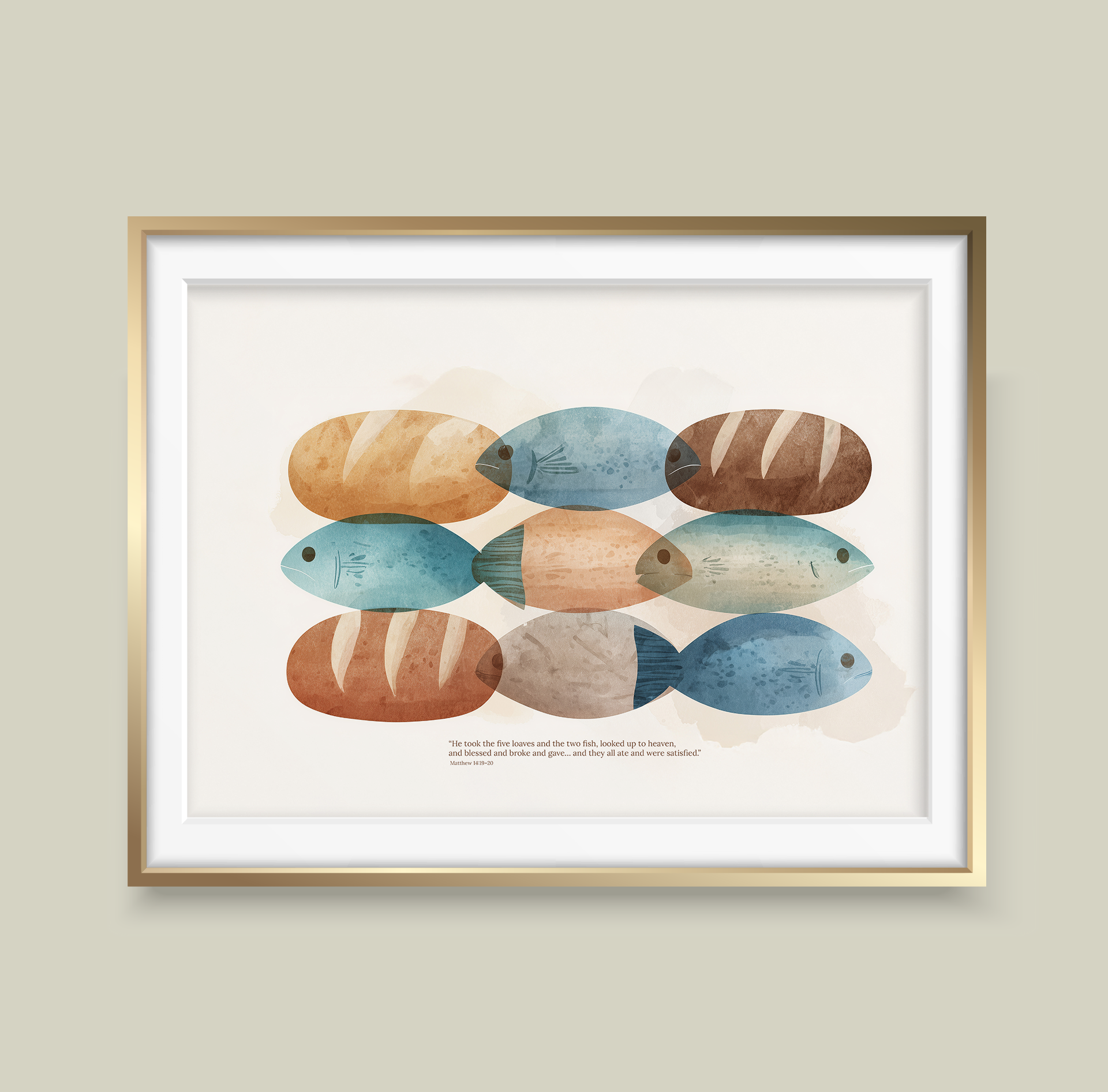 Framed artwork of bread and fish shapes on a beige wall