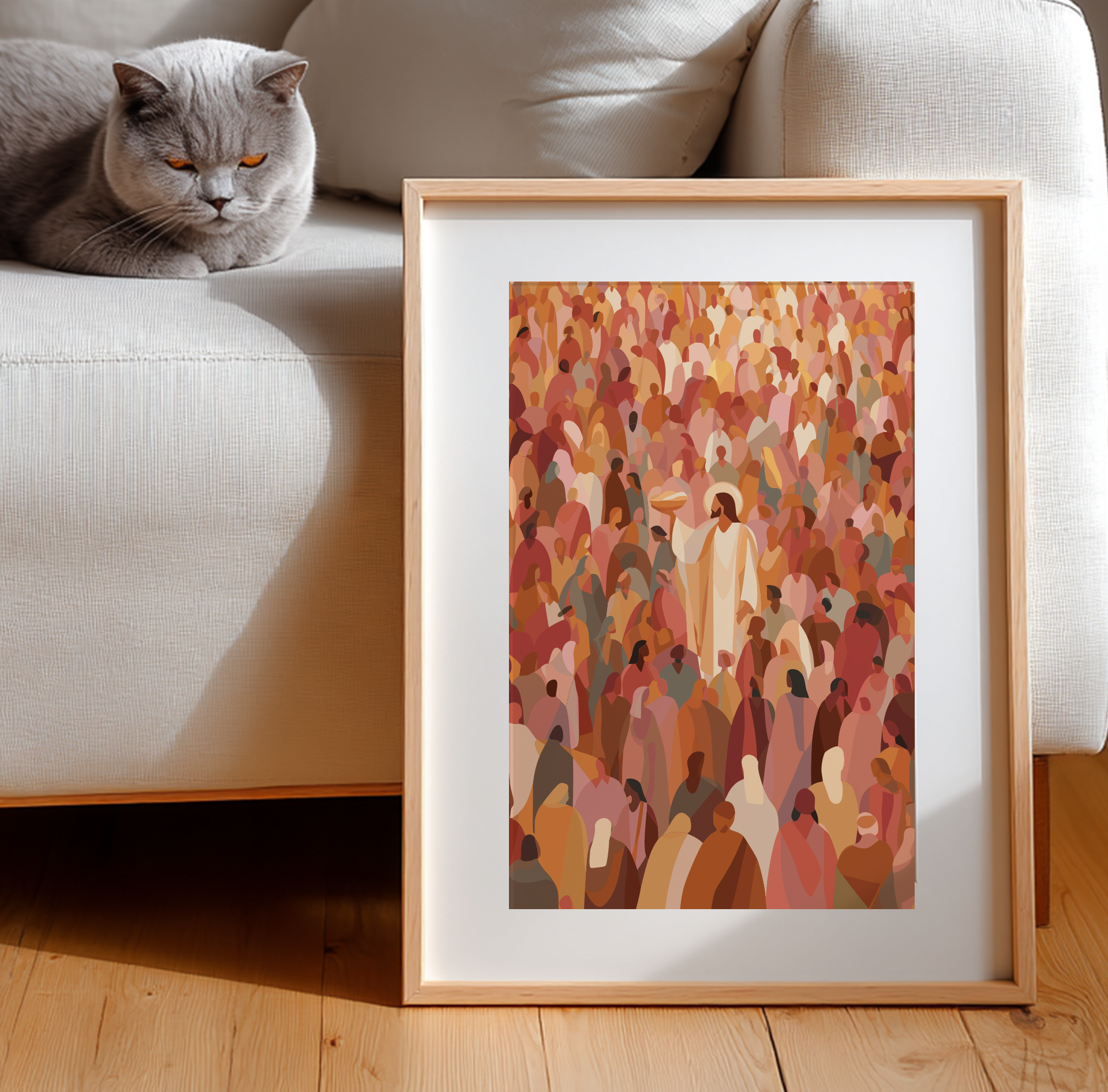Framed artwork of a colorful crowd on a wooden floor with a cat on a couch in the background.