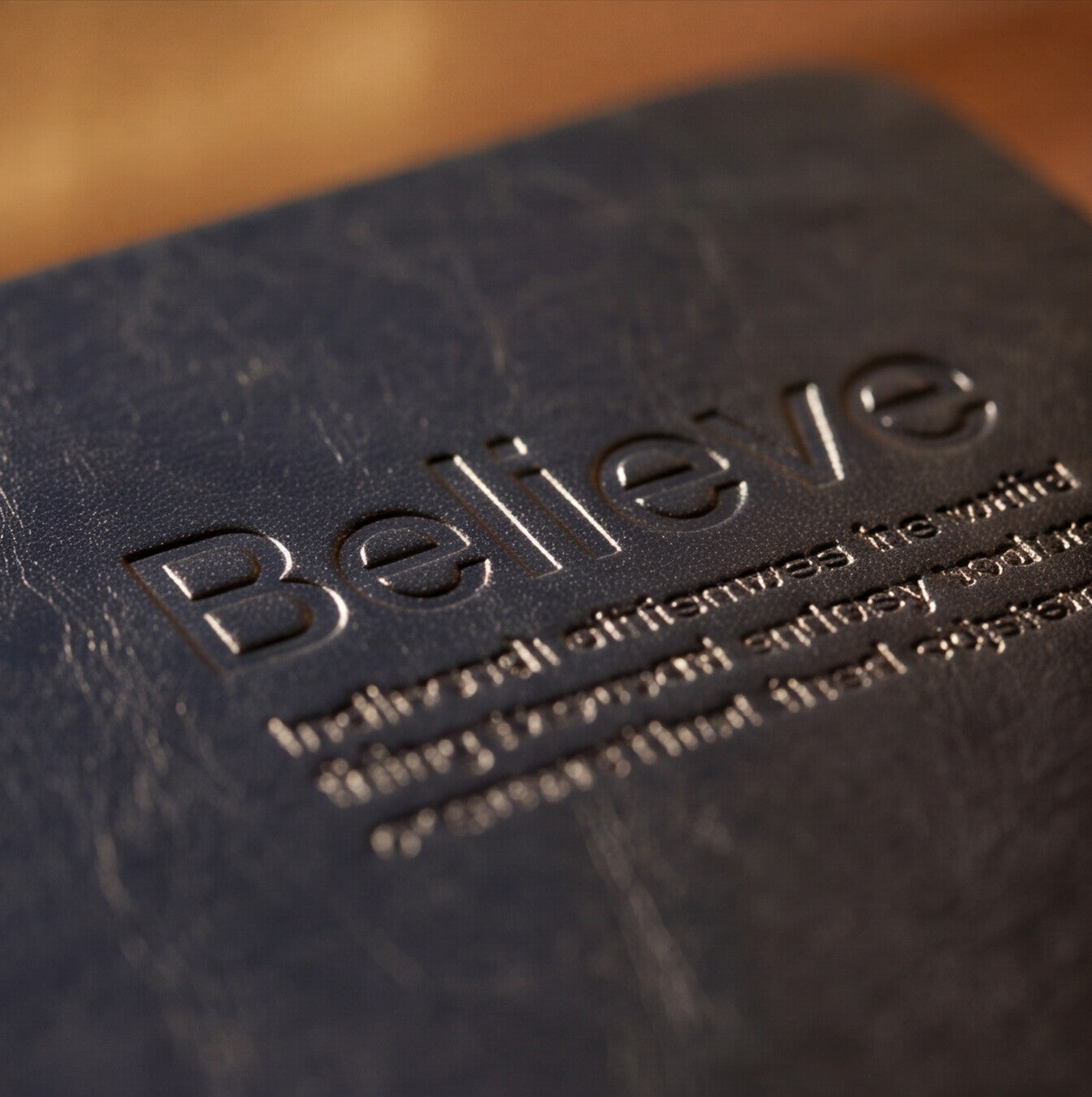 Close-up of a dark textured book or journal cover with the word 'Believe' embossed in large letters and smaller text underneath, photographed on a warm wooden surface.