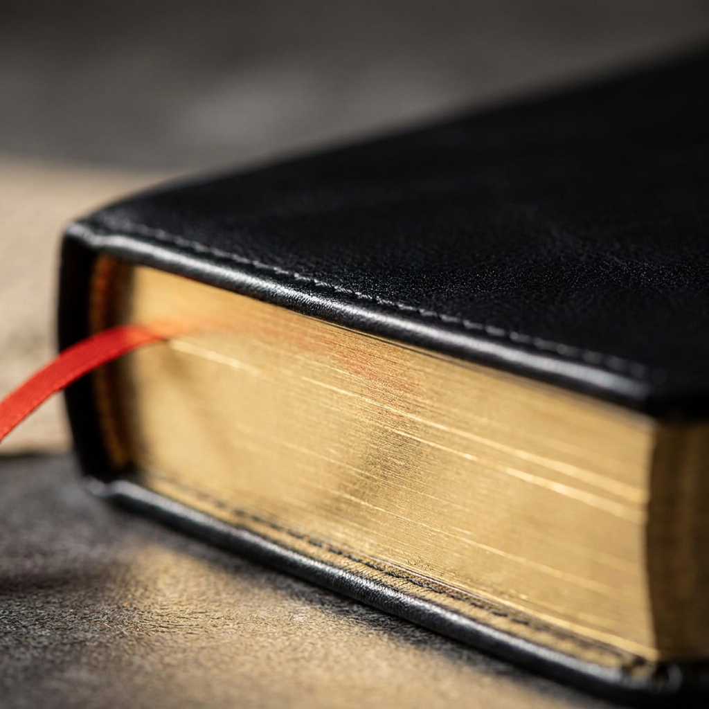 A close-up of a black leather-bound book with gold-toned pages and a red ribbon bookmark, resting on a textured dark surface.