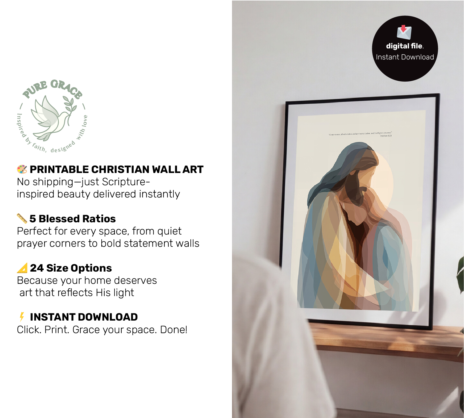 Framed artwork of a couple embracing on a wall with promotional text about printable Christian wall art.