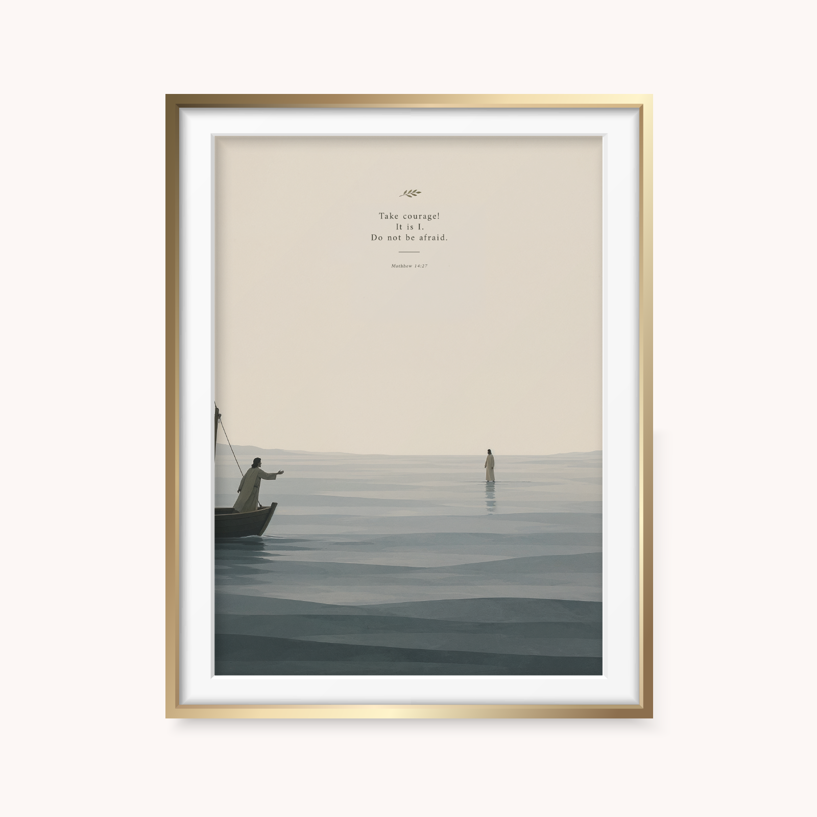 Framed artwork of two figures on a boat and in the water with a quote.