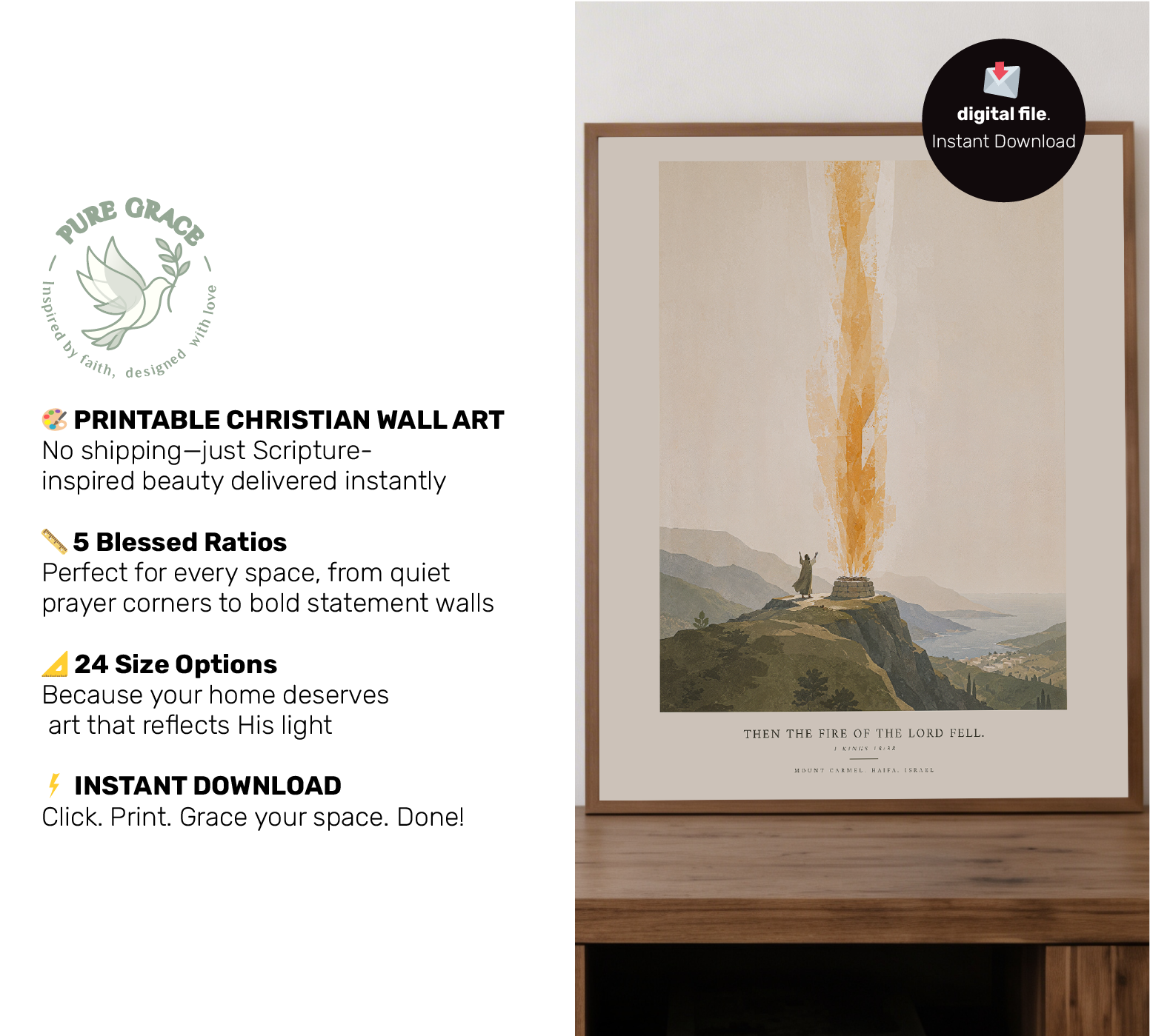Framed artwork with a mountain scene and text on a white wall, featuring the Pure Grace brand.