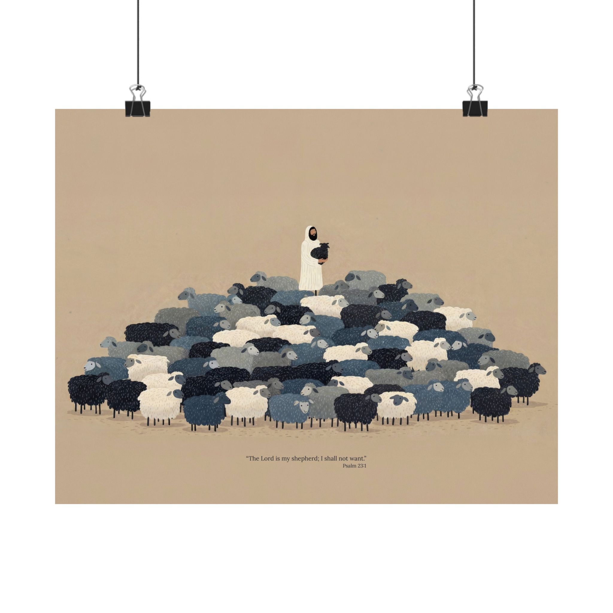 A minimalist art print depicting a shepherd standing atop a flock of sheep in shades of blue, white, and black, set against a warm beige background. The print is shown hanging from two black binder clips on a clean white wall.