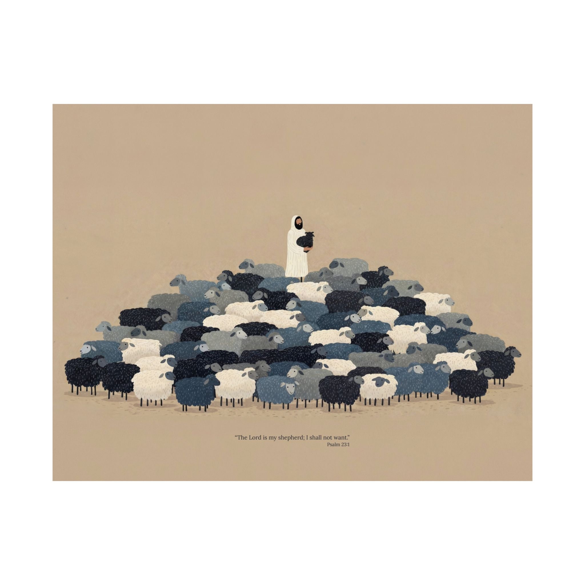 A minimalist art print featuring a shepherd in a white robe standing atop a large flock of sheep in shades of white, blue, and black, set against a warm beige background. A small biblical quote from Psalm 23 is printed at the bottom.