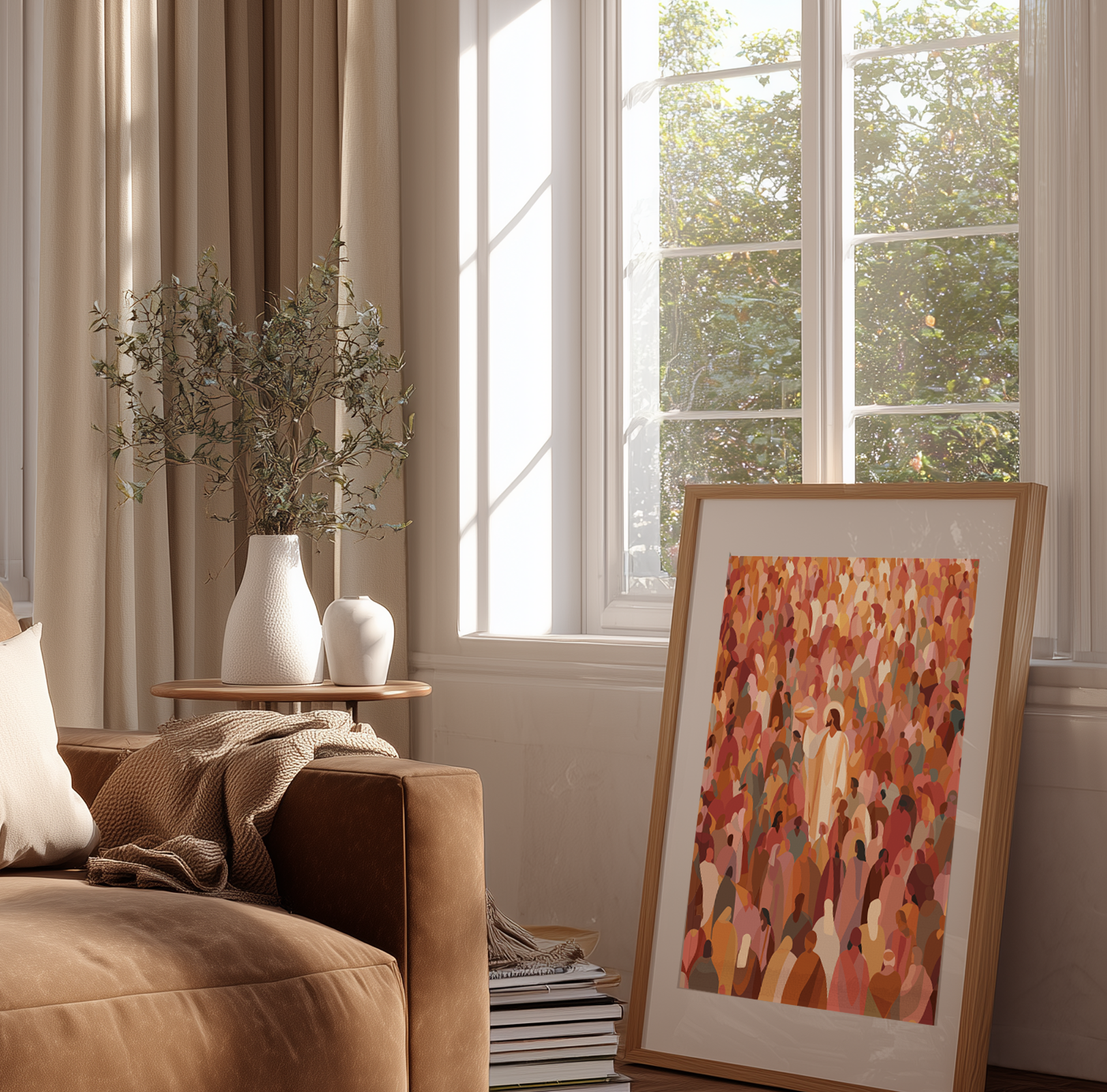 Living room with a brown sofa, framed artwork, and large windows.