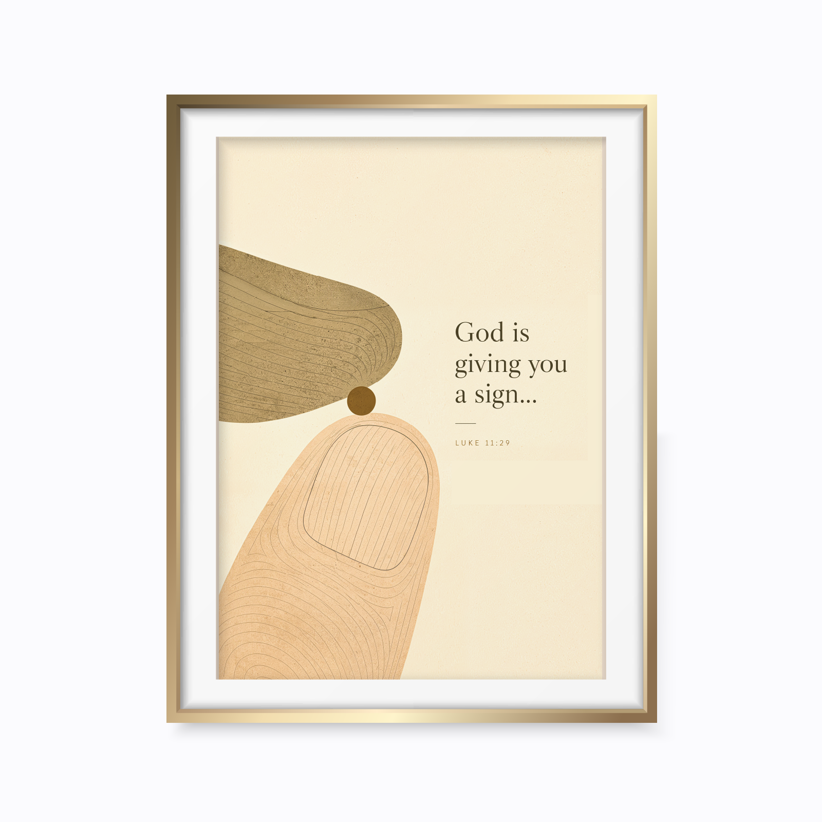 A framed art print featuring minimalist abstract shapes and a Bible verse from Luke 1:39 on a warm cream background, enclosed in a white mat and a thin gold frame.