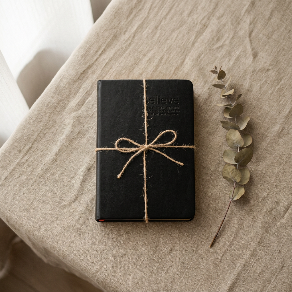 A black hardcover notebook or journal wrapped with natural twine and tied in a bow, placed on a beige linen surface next to a dried eucalyptus stem. The cover shows the debossed brand name 'believe'.