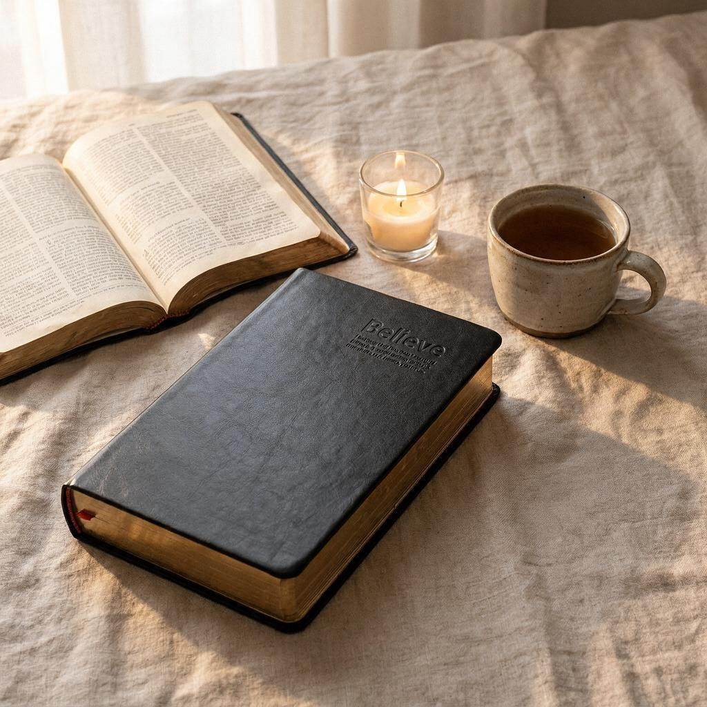 A black textured journal or Bible-style book with the word 'BELIEFS' embossed on the cover, styled on a beige linen bed alongside an open book, a lit candle, and a ceramic mug of tea.