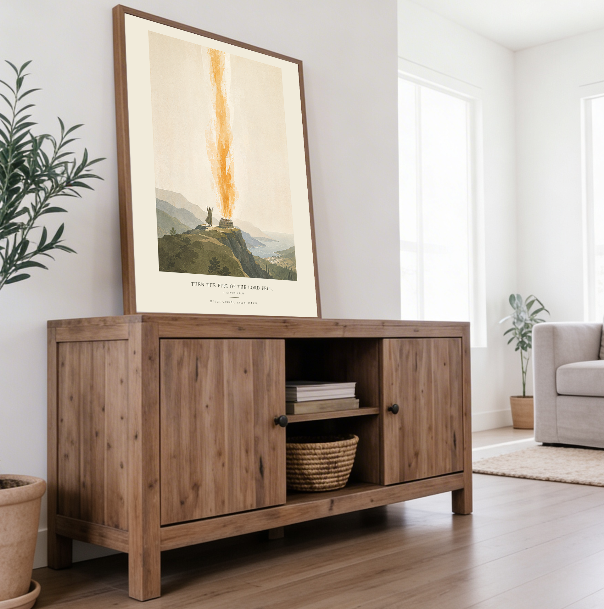Wooden sideboard in a living room with a painting above it