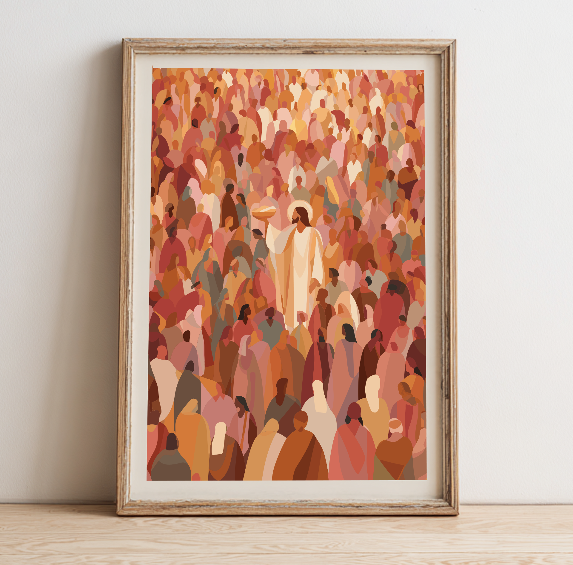 Framed artwork of a colorful crowd on a white wall