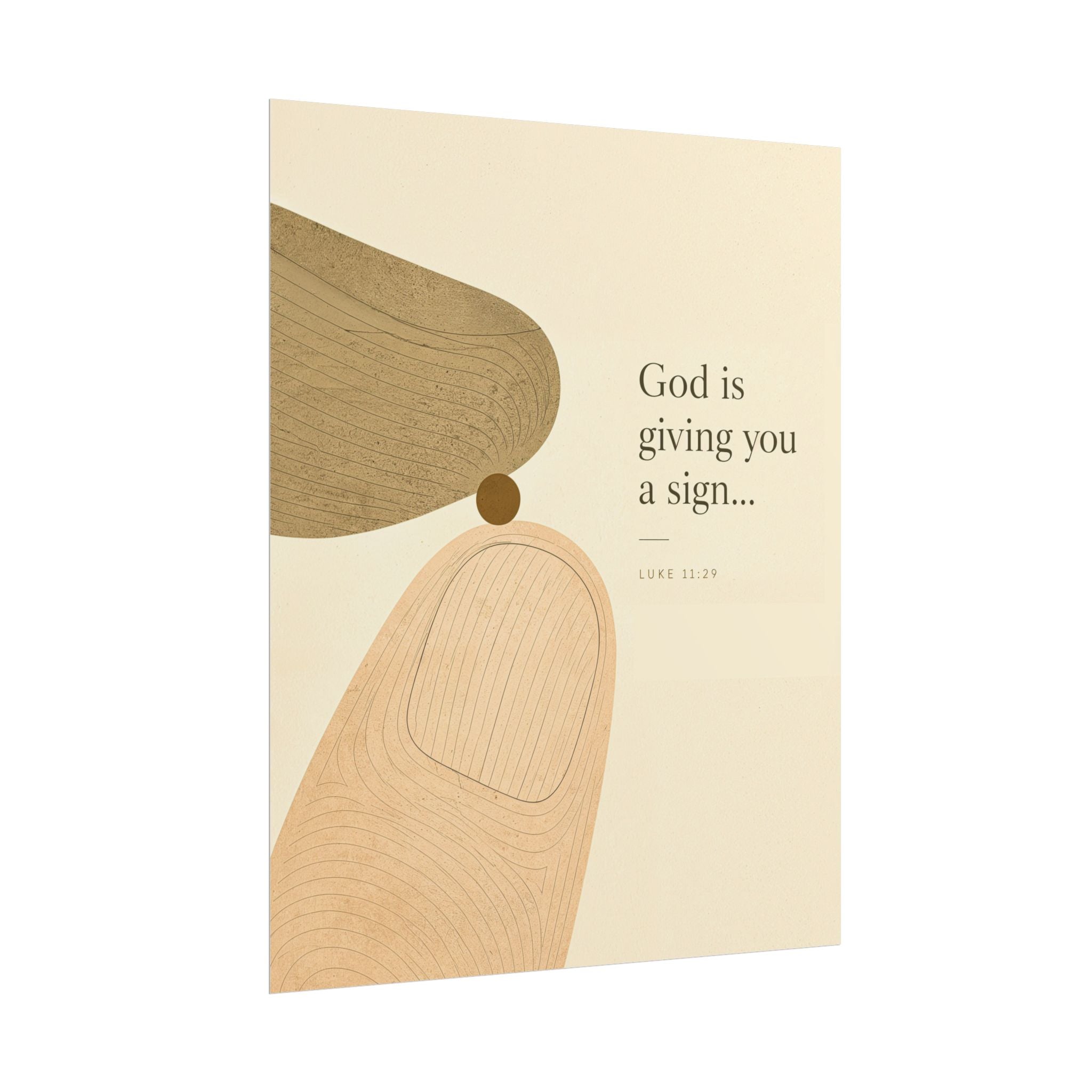 A minimalist art print or card featuring a beige background with abstract wood-grain shapes in tan and light wood tones, alongside the text 'God is giving you a sign.