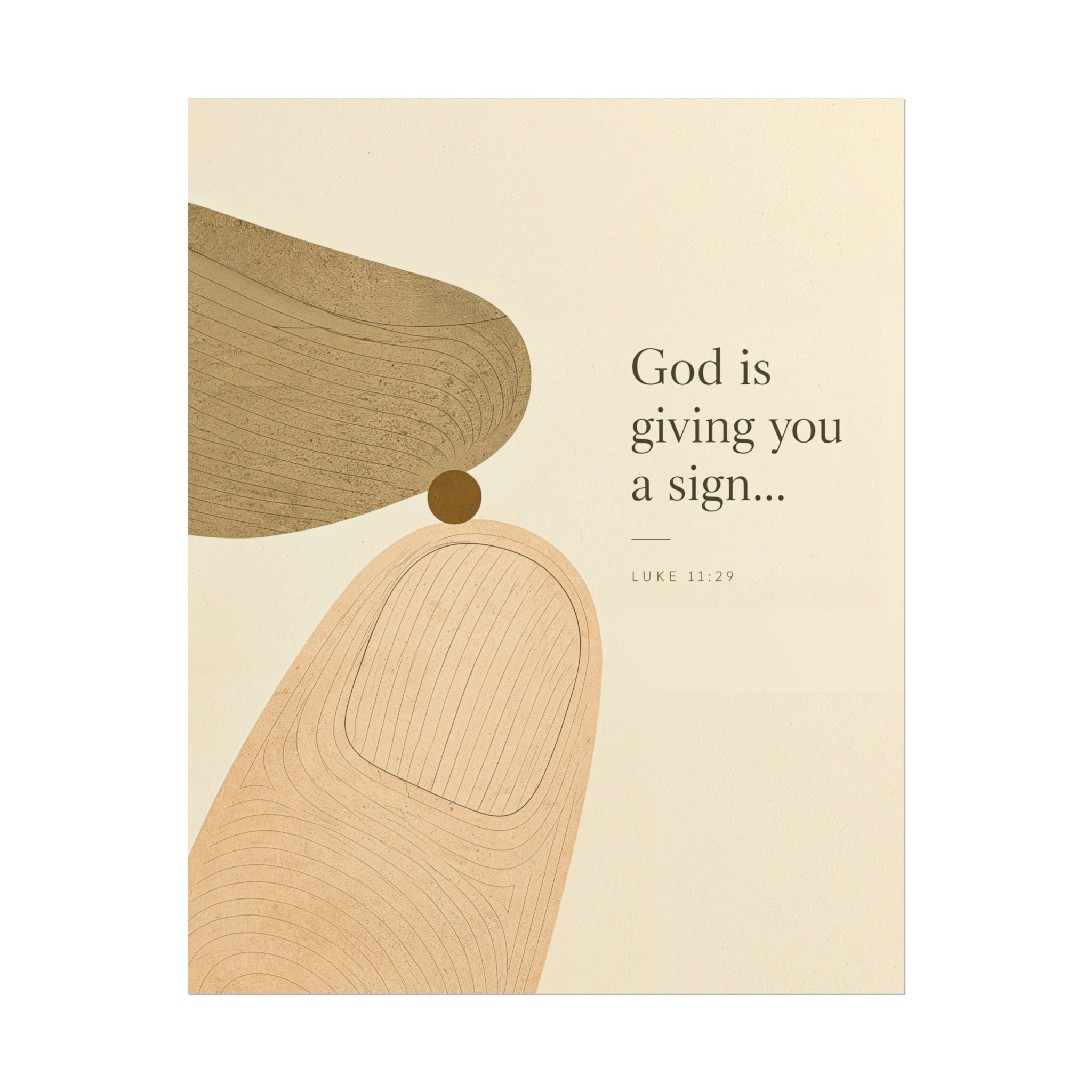 A minimalist art print featuring a beige background with a stylized wooden finger illustration in light and medium brown tones, alongside the text 'God is giving you a sign.