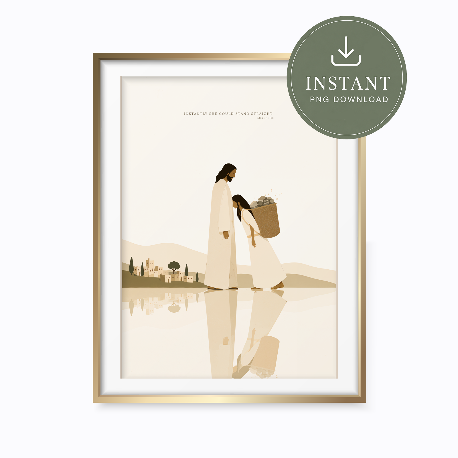 A framed art print featuring a minimalist illustration of Jesus and a woman carrying a basket, with a gold frame and a white mat. A green circular badge in the top right says 'INSTANT PNG DOWNLOAD'.