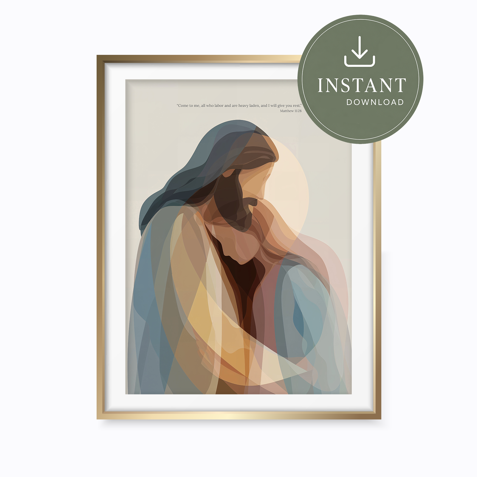 Framed art print featuring a geometric, stylized illustration of Jesus in muted blue, brown, and beige tones, with a gold frame and a green 'INSTANT DOWNLOAD' badge overlay in the top right.