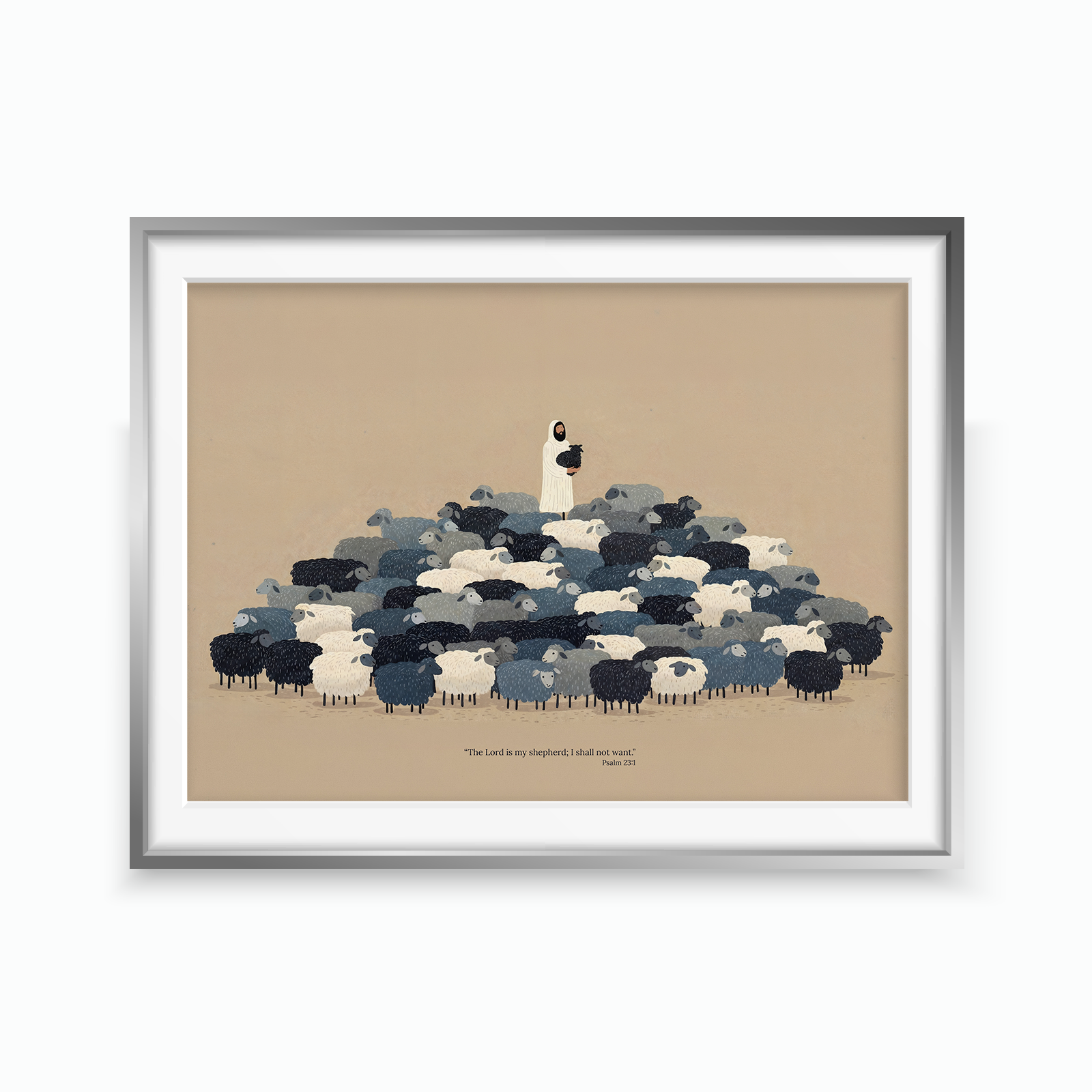 A framed art print featuring a minimalist illustration of a shepherd with a flock of sheep in shades of blue, white, and black on a beige background, enclosed in a silver frame with a white mat.