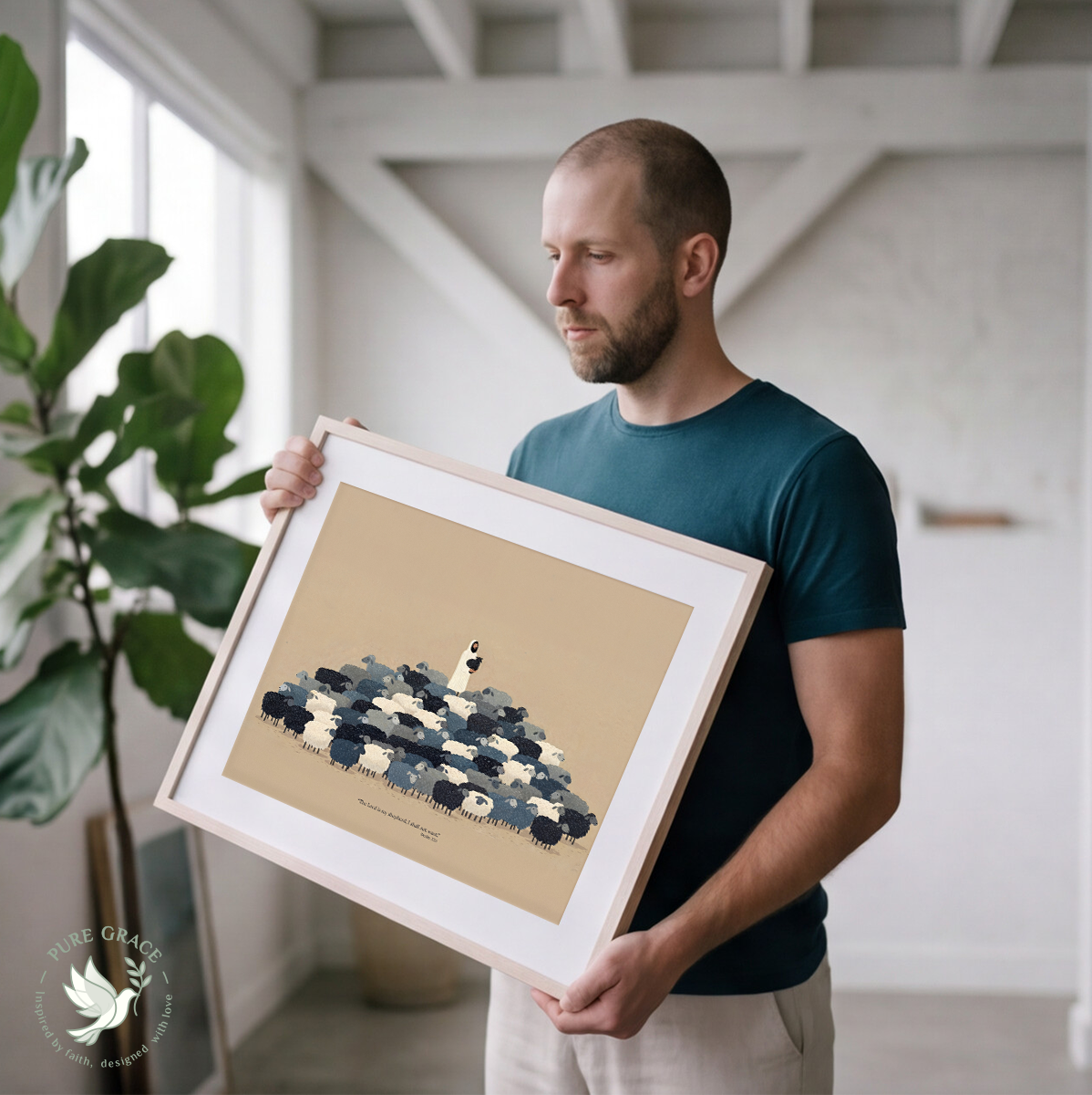 Man holding a framed artwork in a room with plants and wooden beams.