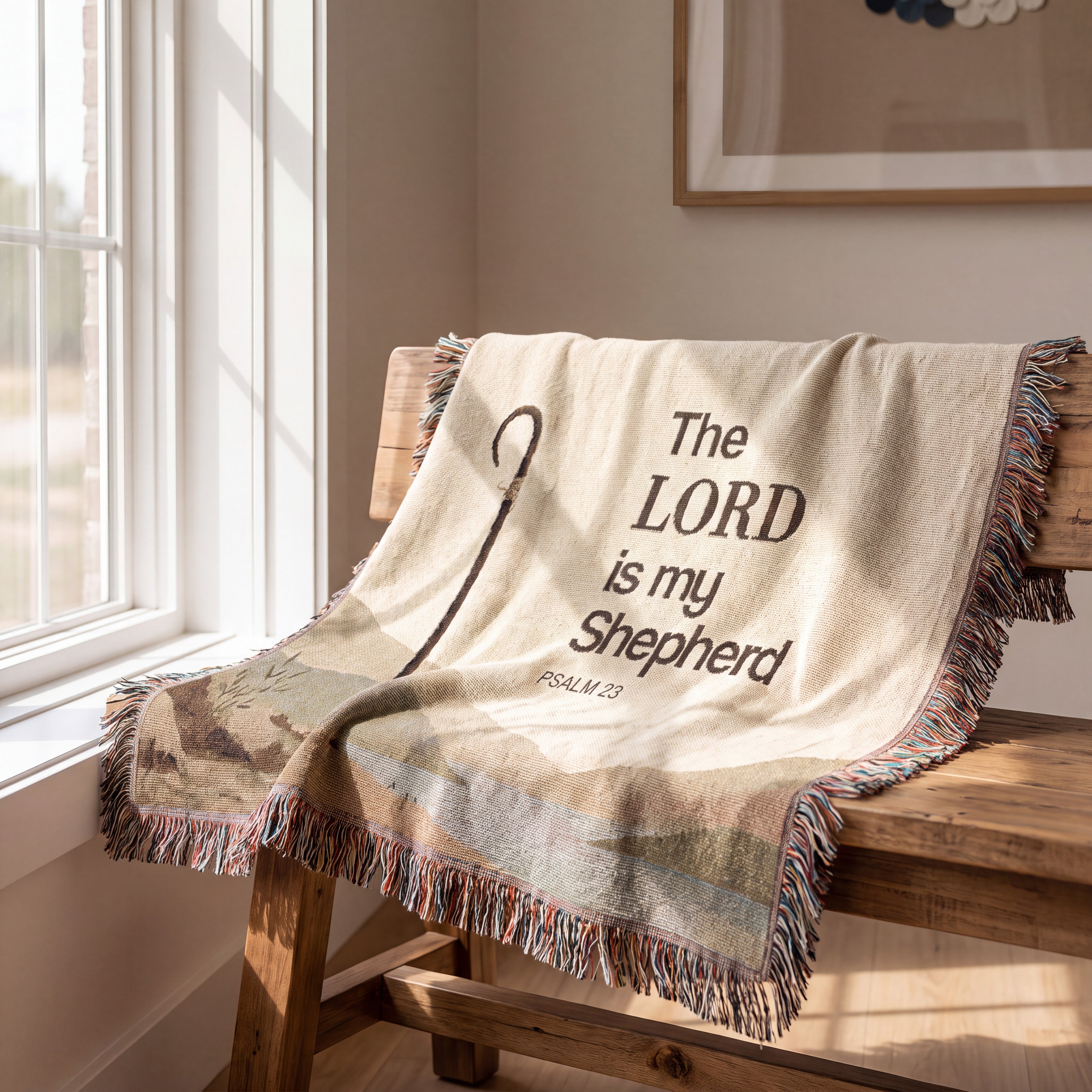 A cream-colored woven throw blanket with multicolor fringe, draped over a rustic wooden bench in a sunlit room. The blanket features the text 'The LORD is my Shepherd' and a shepherd staff graphic.