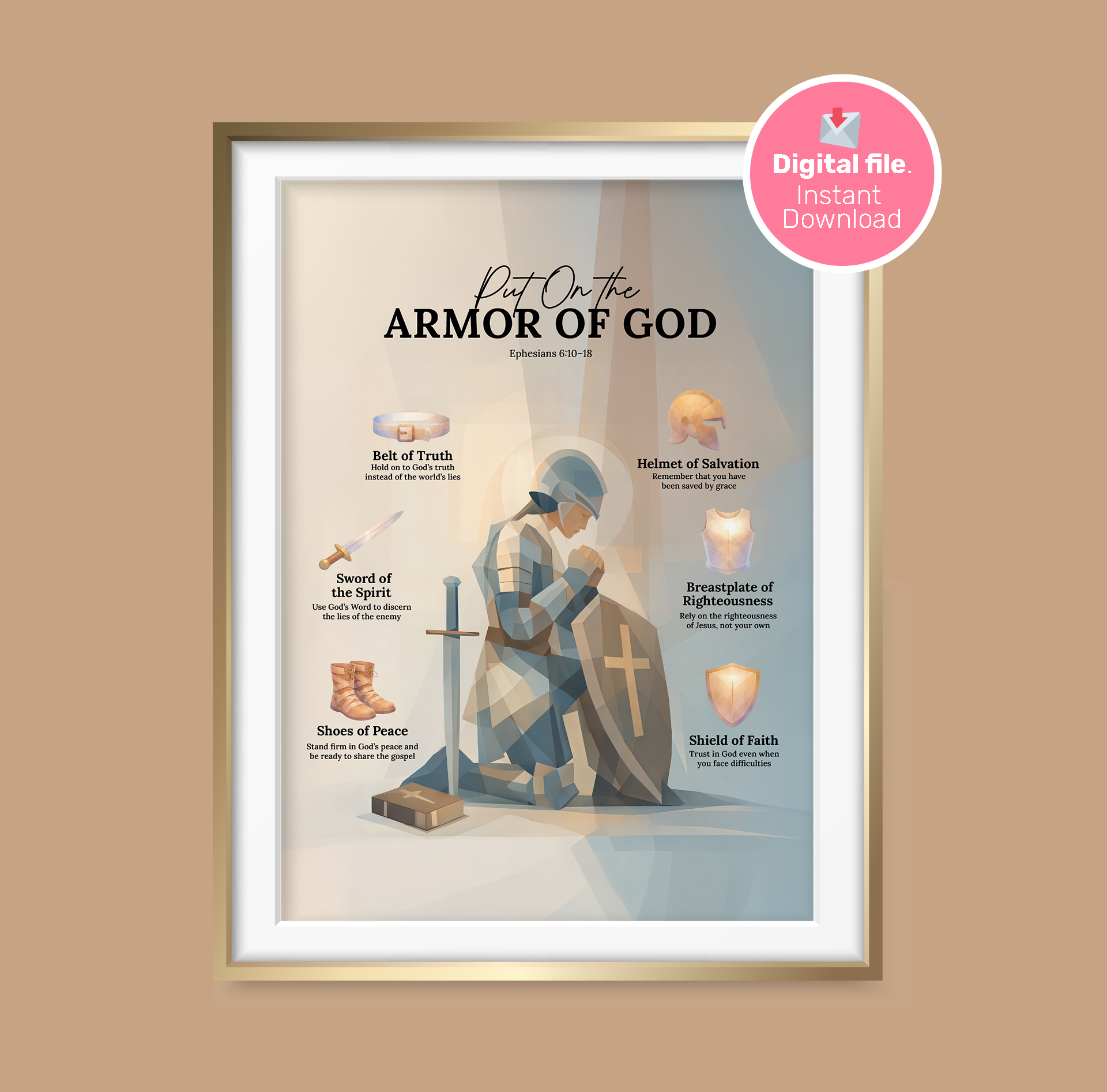 Framed poster of 'Put on the Armor of God' with illustrations and text on a beige background.