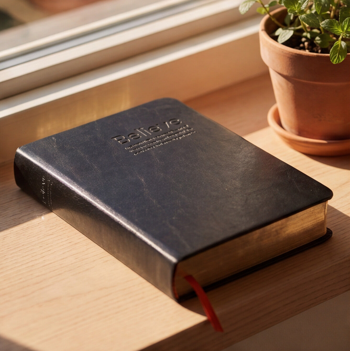 A black leather-bound Bible with the word 'Believe' embossed on the cover, resting on a light wooden windowsill next to a potted plant in warm natural sunlight.