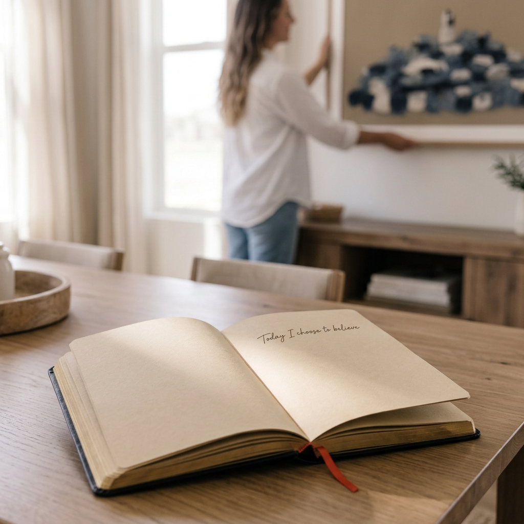 An open journal with cream-colored pages lies on a wooden table, with the handwritten text 'Today I choose to believe' visible on the right page. The background is a softly blurred domestic interior showing a woman in a white shirt and jeans standing near a window.