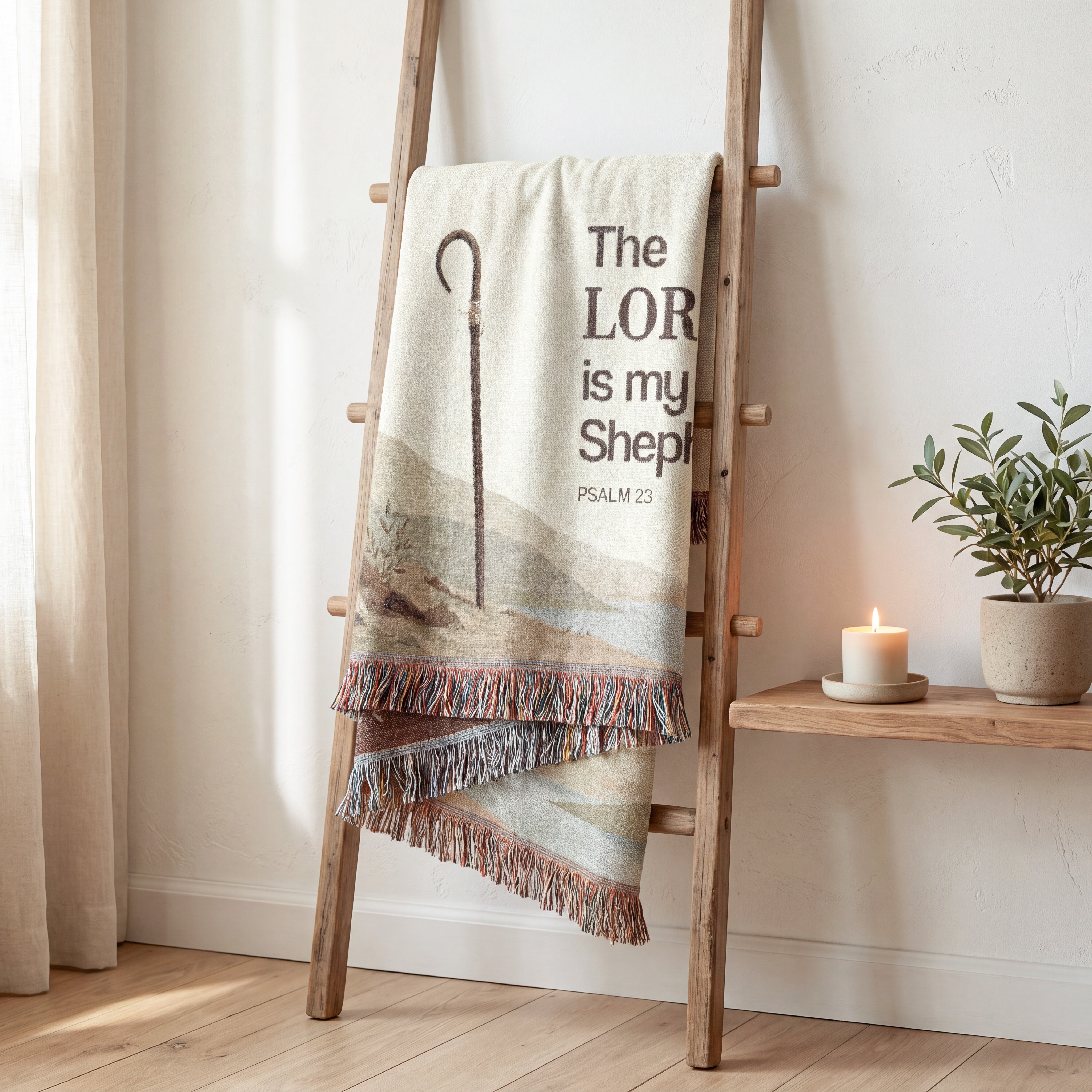 A cream-colored throw blanket with a fringed hem and printed text reading 'The LORD is my Shepherd Psalm 23' with a shepherd illustration, draped over a wooden ladder in a bright, modern room.