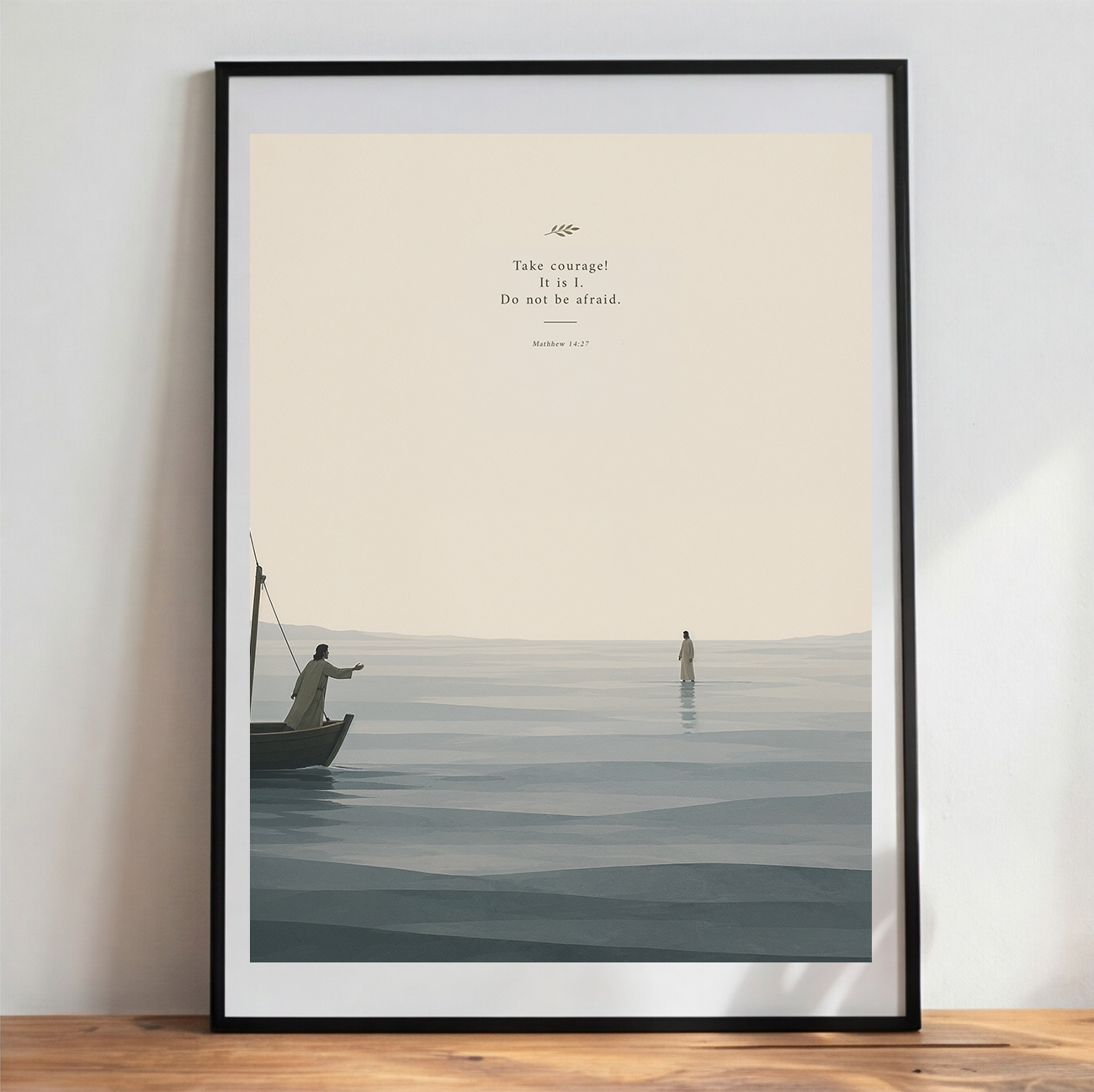 Framed artwork of a person in a boat on water with a motivational quote.