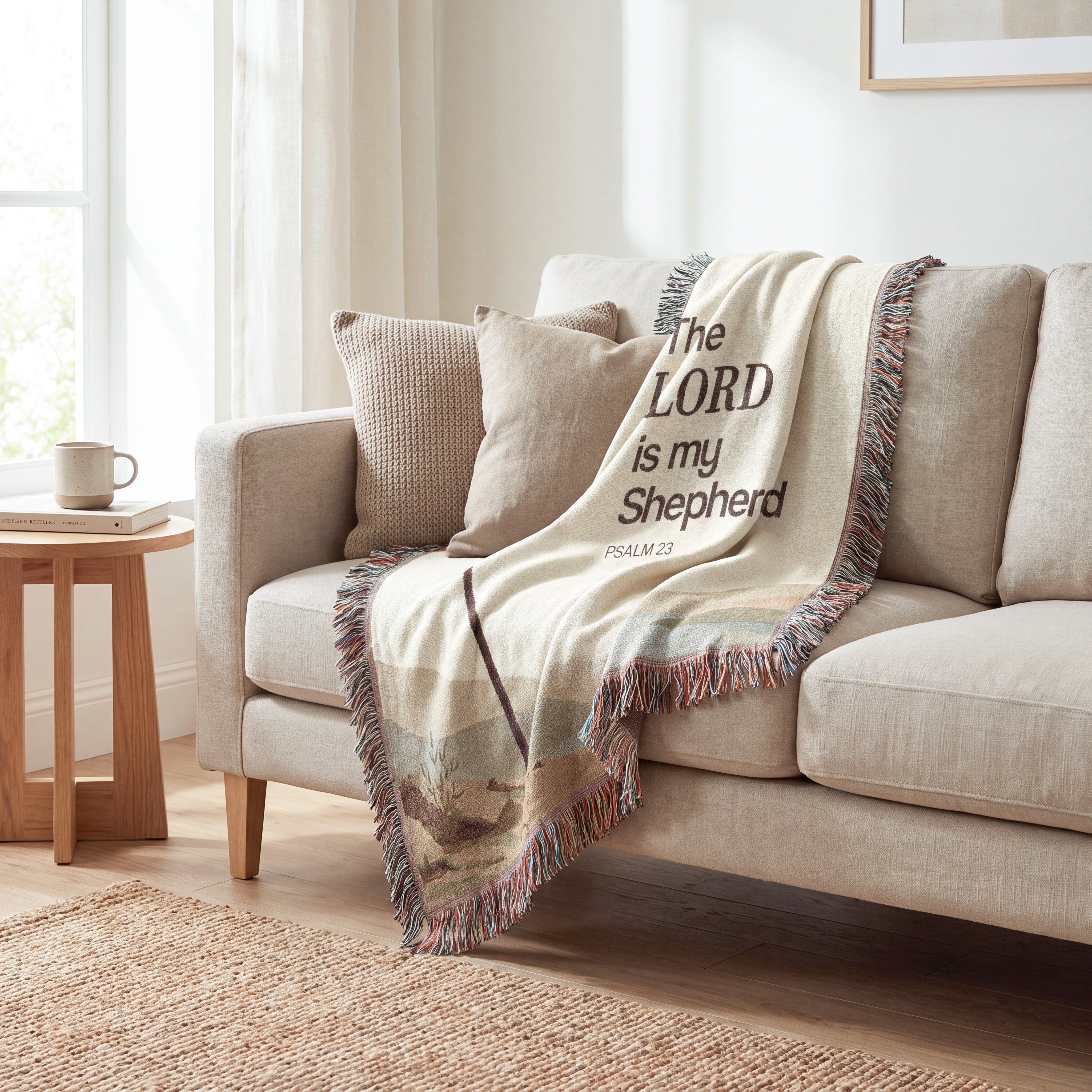 A cream throw blanket draped over a beige sofa in a bright living room. The blanket has multicolor fringe and printed text reading “The LORD is my Shepherd” with a Bible cover illustration near the bottom.